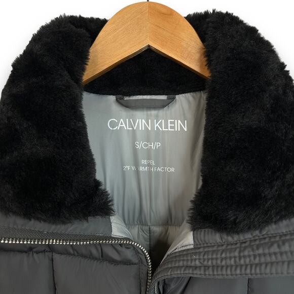 Womens Calvin Klein Repel 2 Degree Puffer Jacket Coat Faux Fur Collar Gray Small - Picture 2 of 10